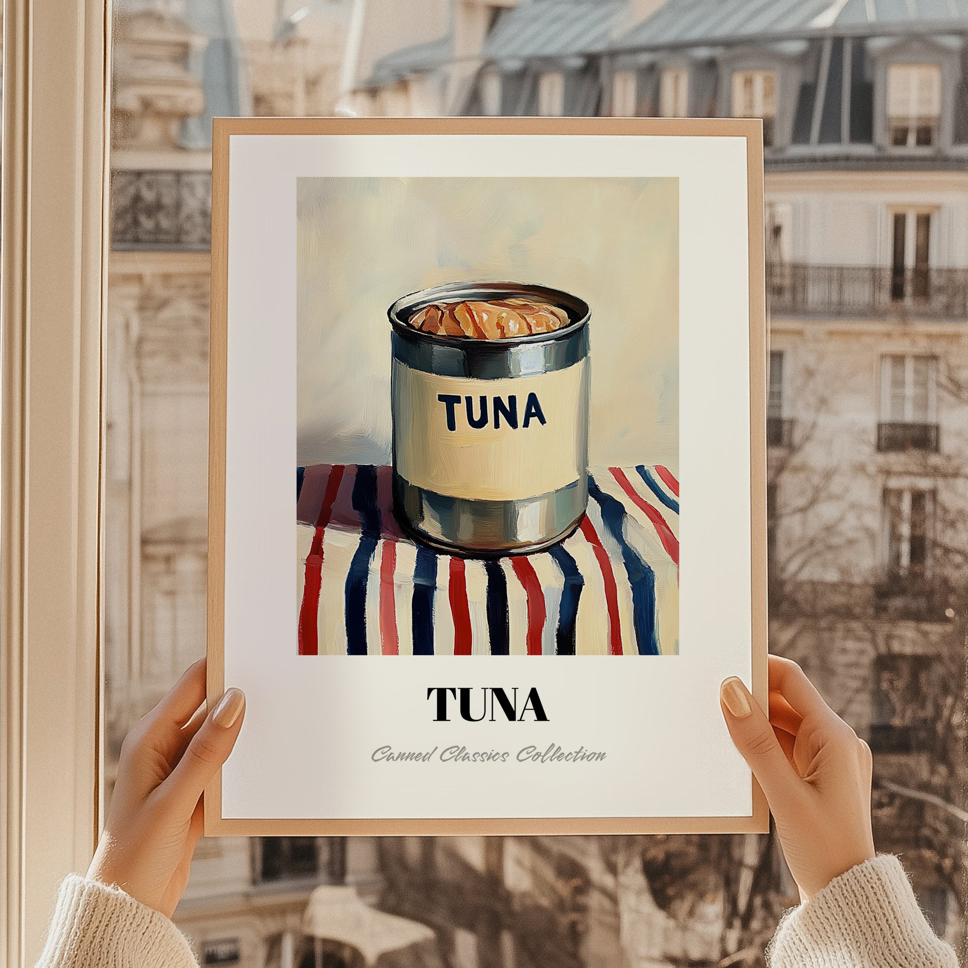 Tuna – on Striped Tablecloth, Canned Food Still Life, styled in a charming Paris street view