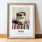 Tuna – on Striped Tablecloth, Canned Food Still Life, in wooden frame leaning on the floor