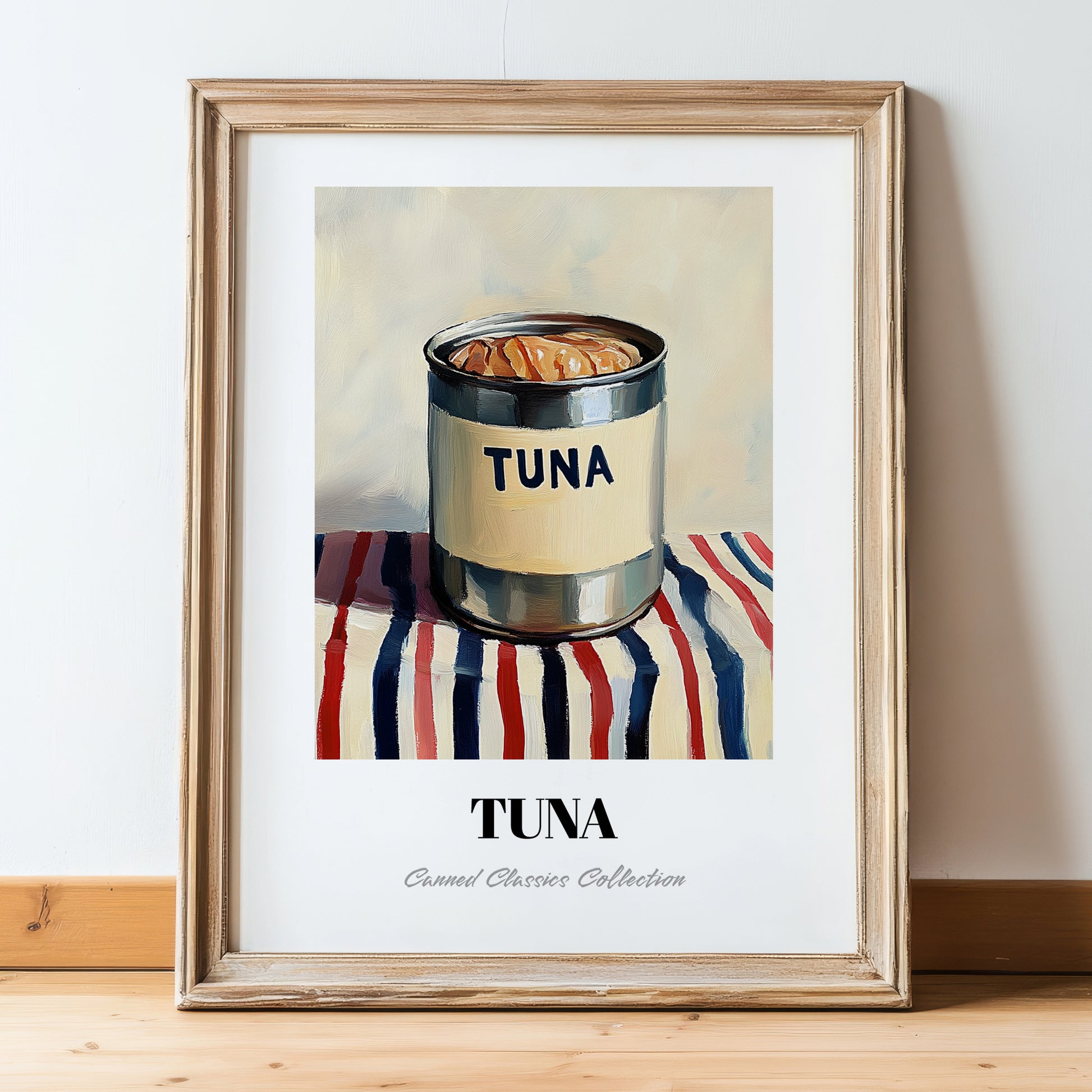 Tuna – on Striped Tablecloth, Canned Food Still Life, in wooden frame leaning on the floor
