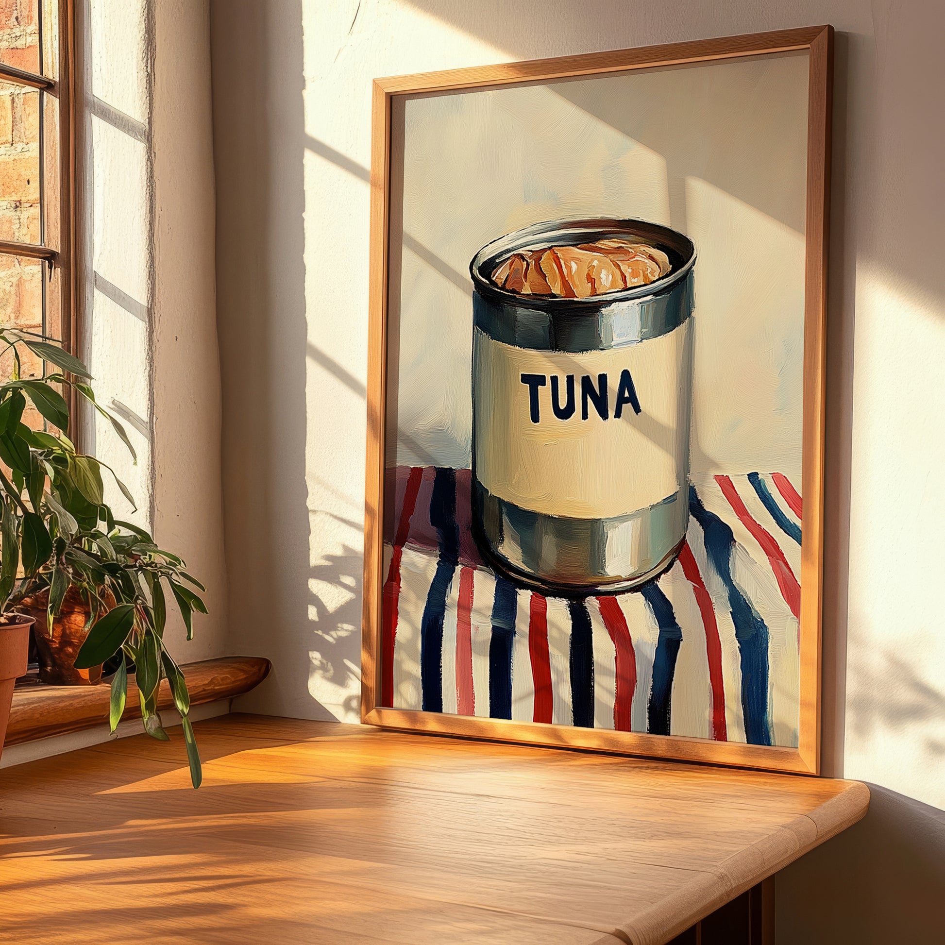 Tuna – on Striped Tablecloth, Canned Food Still Life, clean layout with no caption