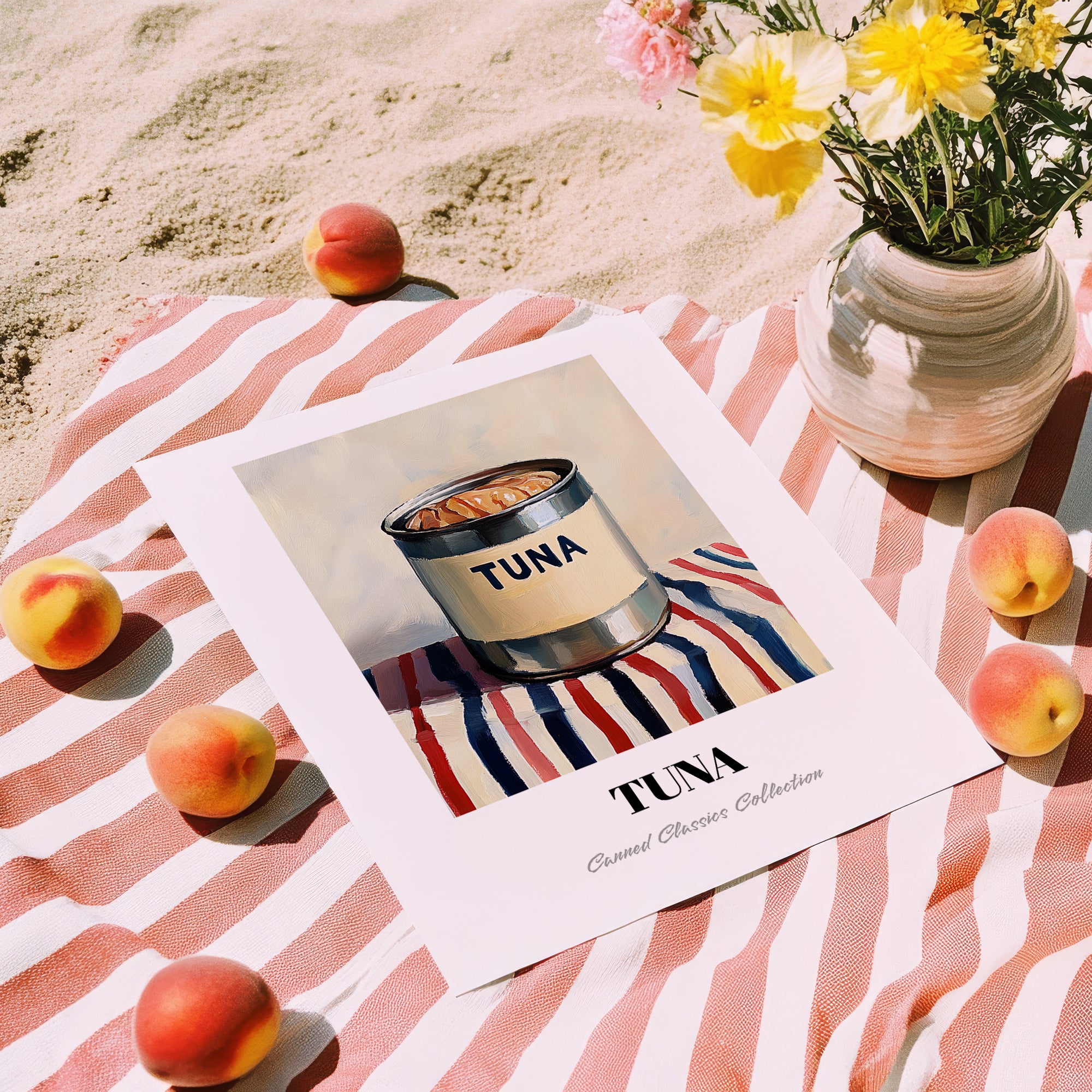 Tuna – on Striped Tablecloth, Canned Food Still Life, unframed on coastal sand