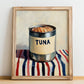 Tuna – on Striped Tablecloth, Canned Food Still Life, no-text version framed in wood