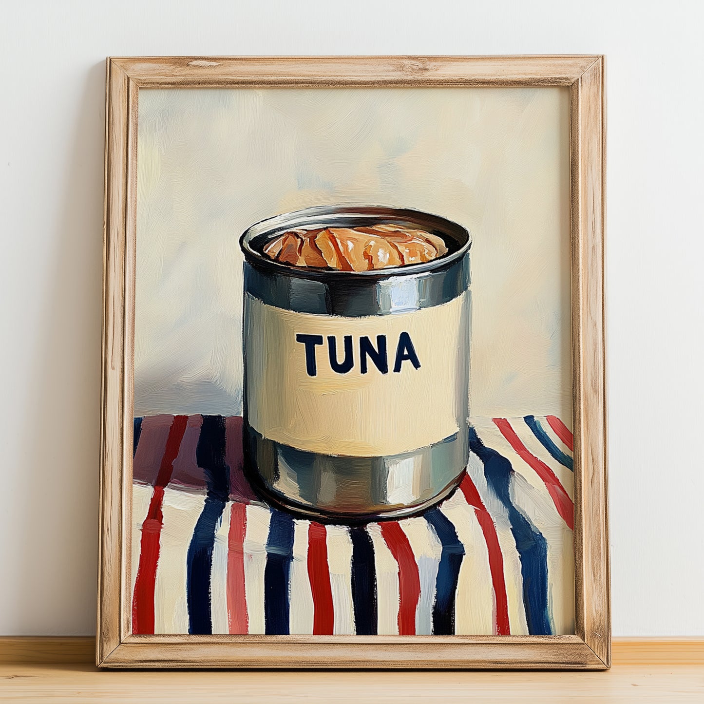 Tuna – on Striped Tablecloth, Canned Food Still Life, no-text version framed in wood