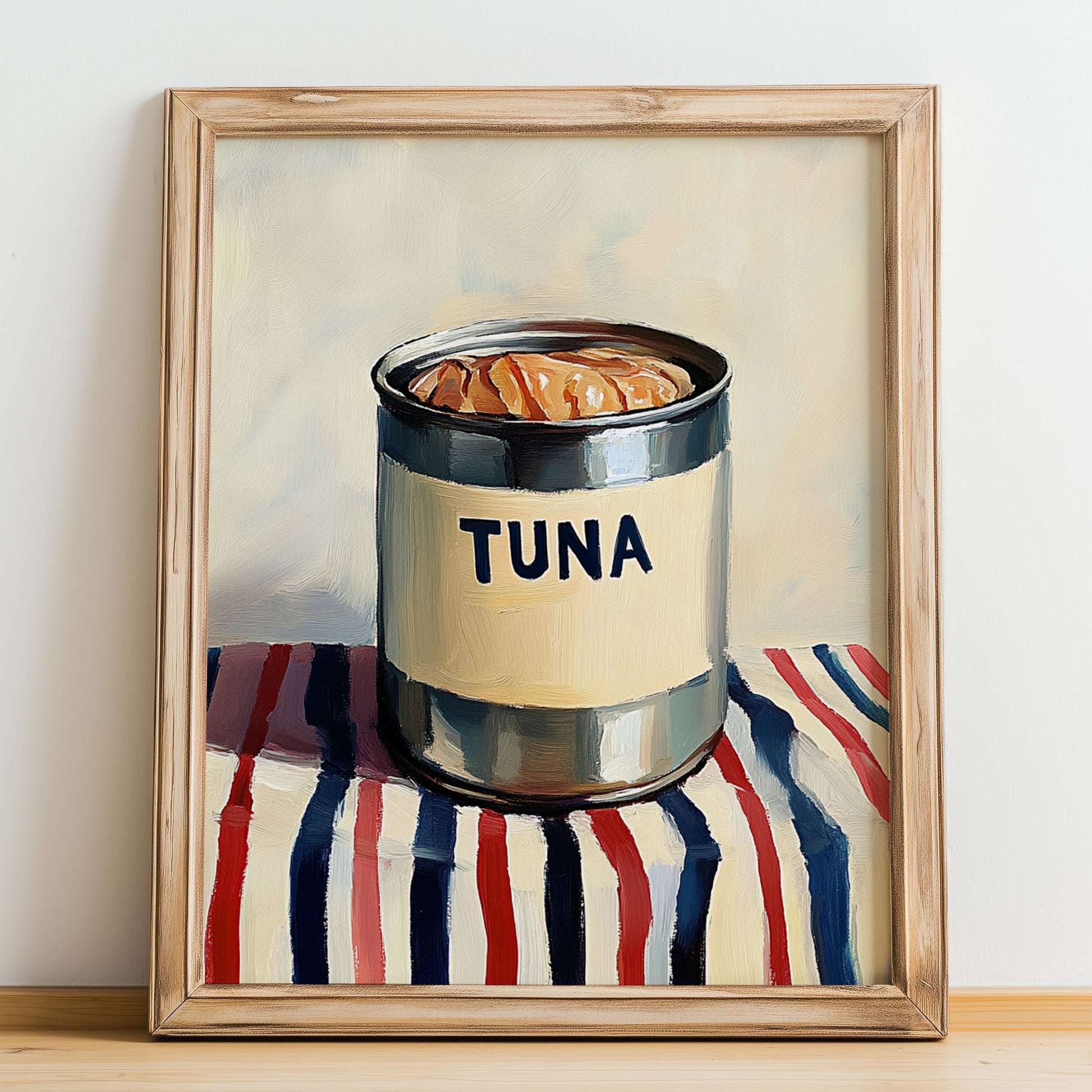Tuna – on Striped Tablecloth, Canned Food Still Life, no-text version framed in wood