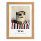 Tuna – on Striped Tablecloth, Canned Food Still Life, set in oak frame