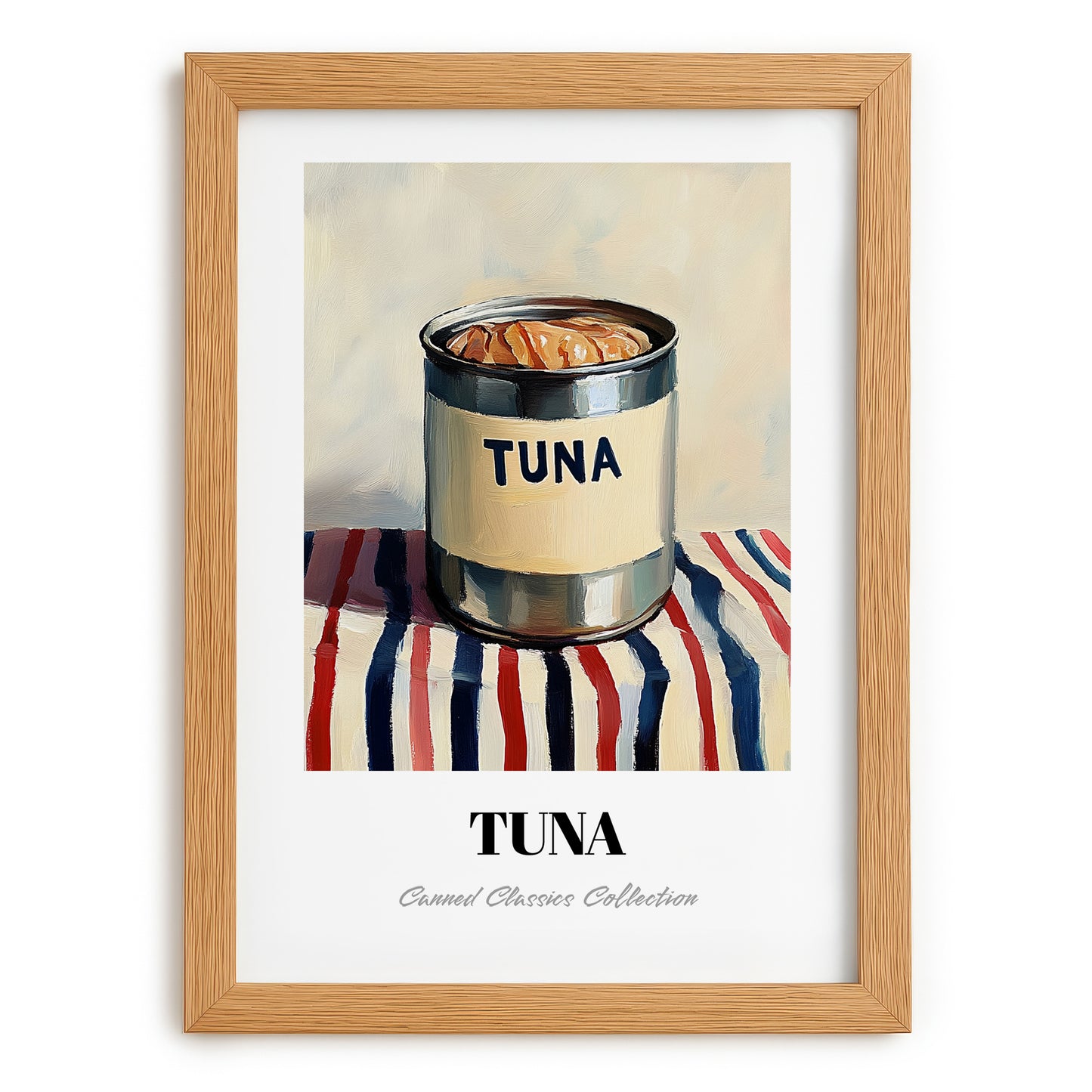 Tuna – on Striped Tablecloth, Canned Food Still Life, set in oak frame