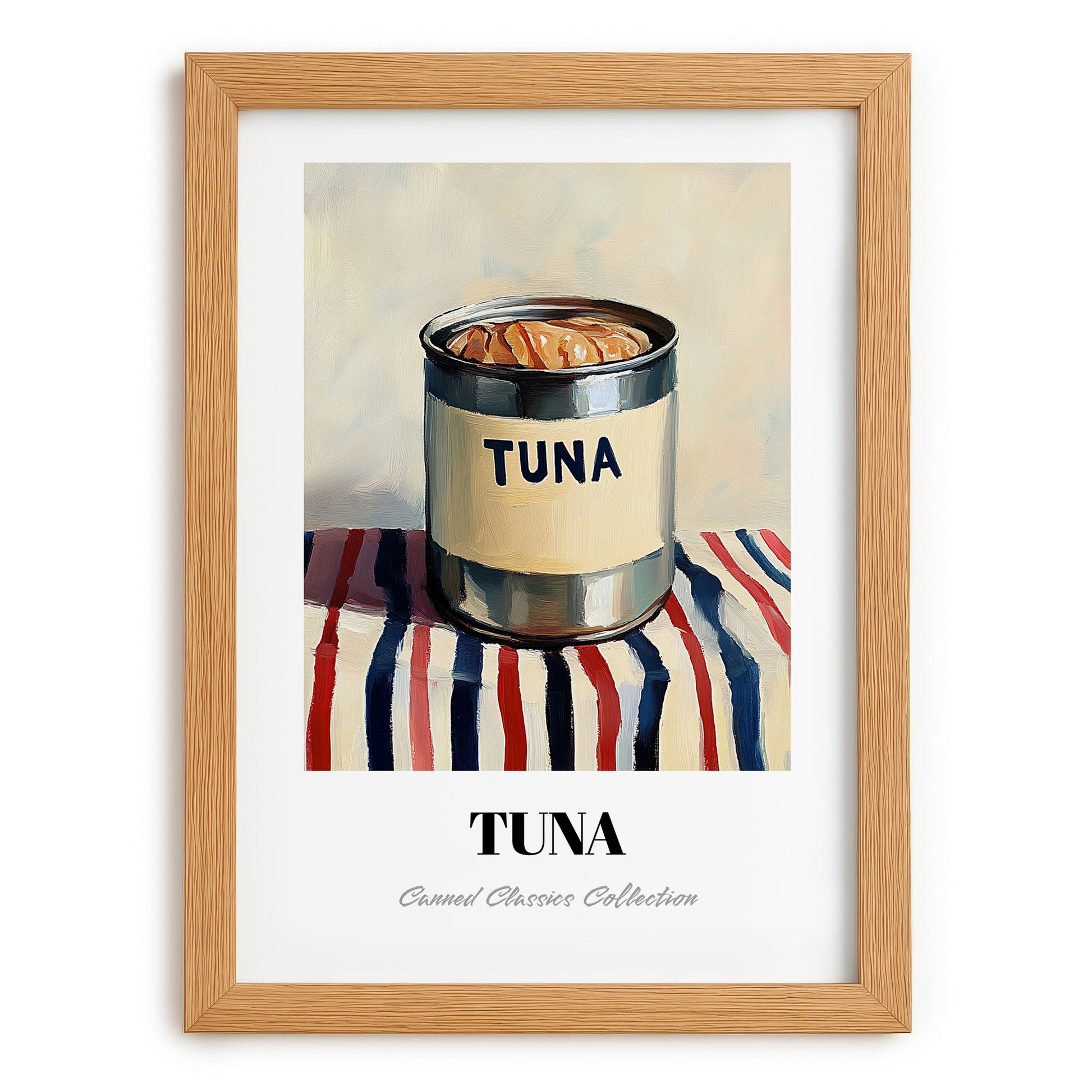 Tuna – on Striped Tablecloth, Canned Food Still Life, set in oak frame