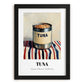 Tuna – on Striped Tablecloth, Canned Food Still Life, in sleek black frame