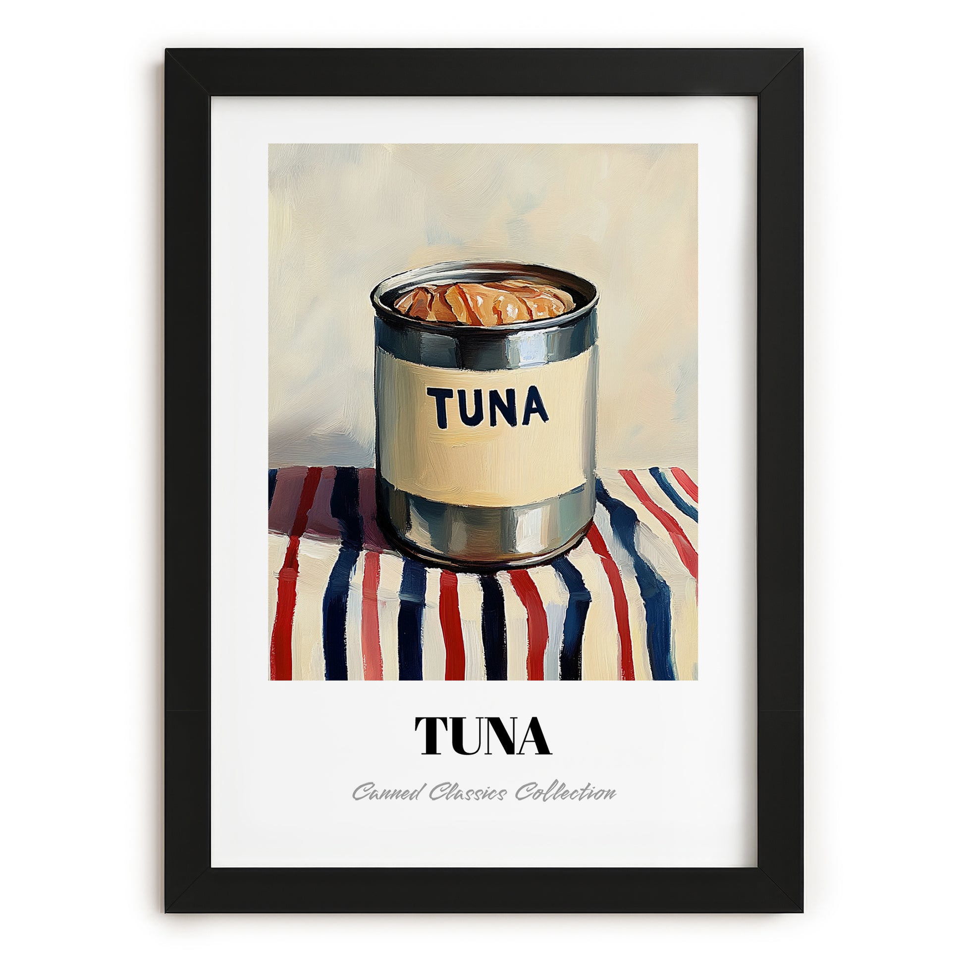 Tuna – on Striped Tablecloth, Canned Food Still Life, in sleek black frame