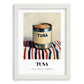Tuna – on Striped Tablecloth, Canned Food Still Life, placed in minimal white frame
