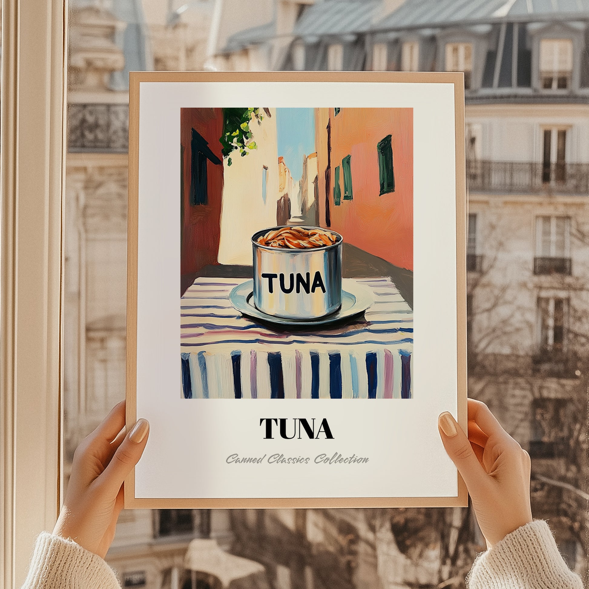 Tuna – Italian Street Café Scene, Canned Food Painting, styled in a charming Paris street view