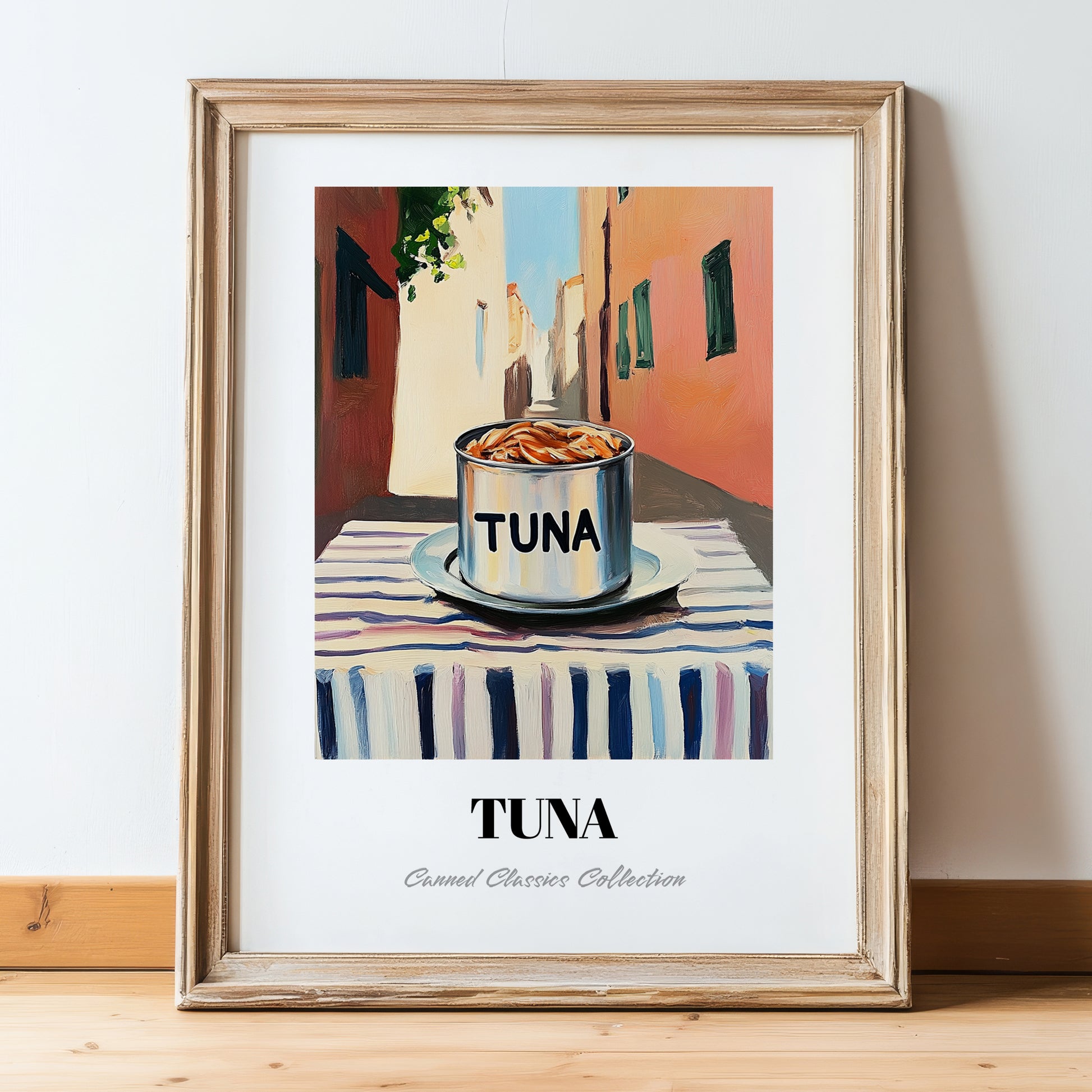 Tuna – Italian Street Café Scene, Canned Food Painting, in wooden frame leaning on the floor