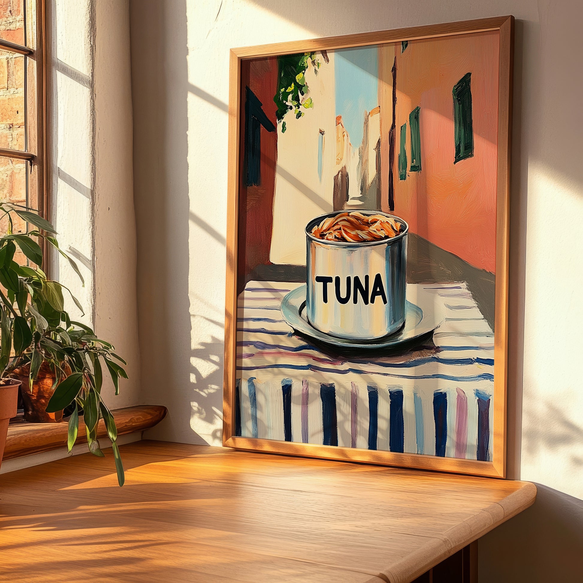 Tuna – Italian Street Café Scene, Canned Food Painting, clean layout with no caption