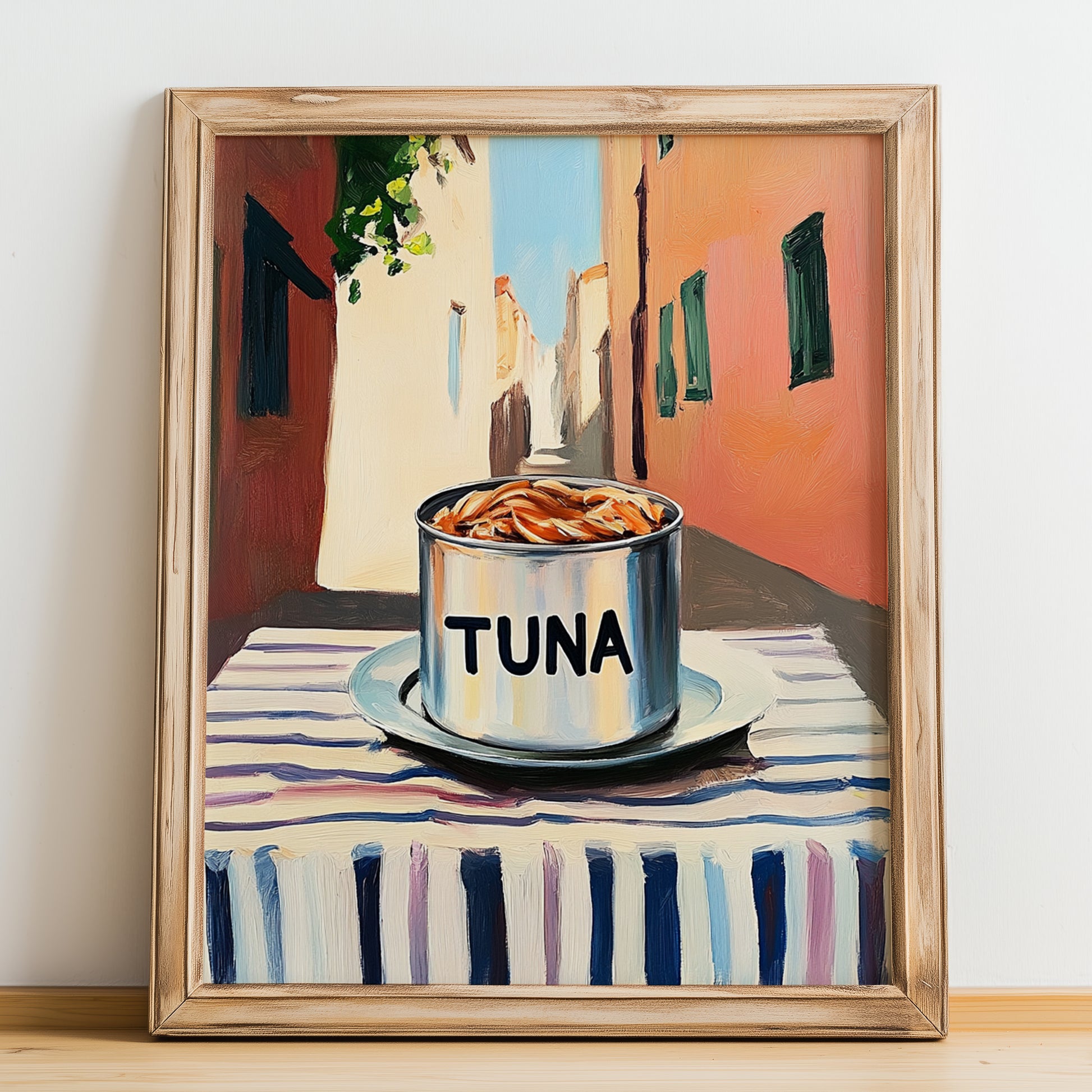 Tuna – Italian Street Café Scene, Canned Food Painting, no-text version framed in wood