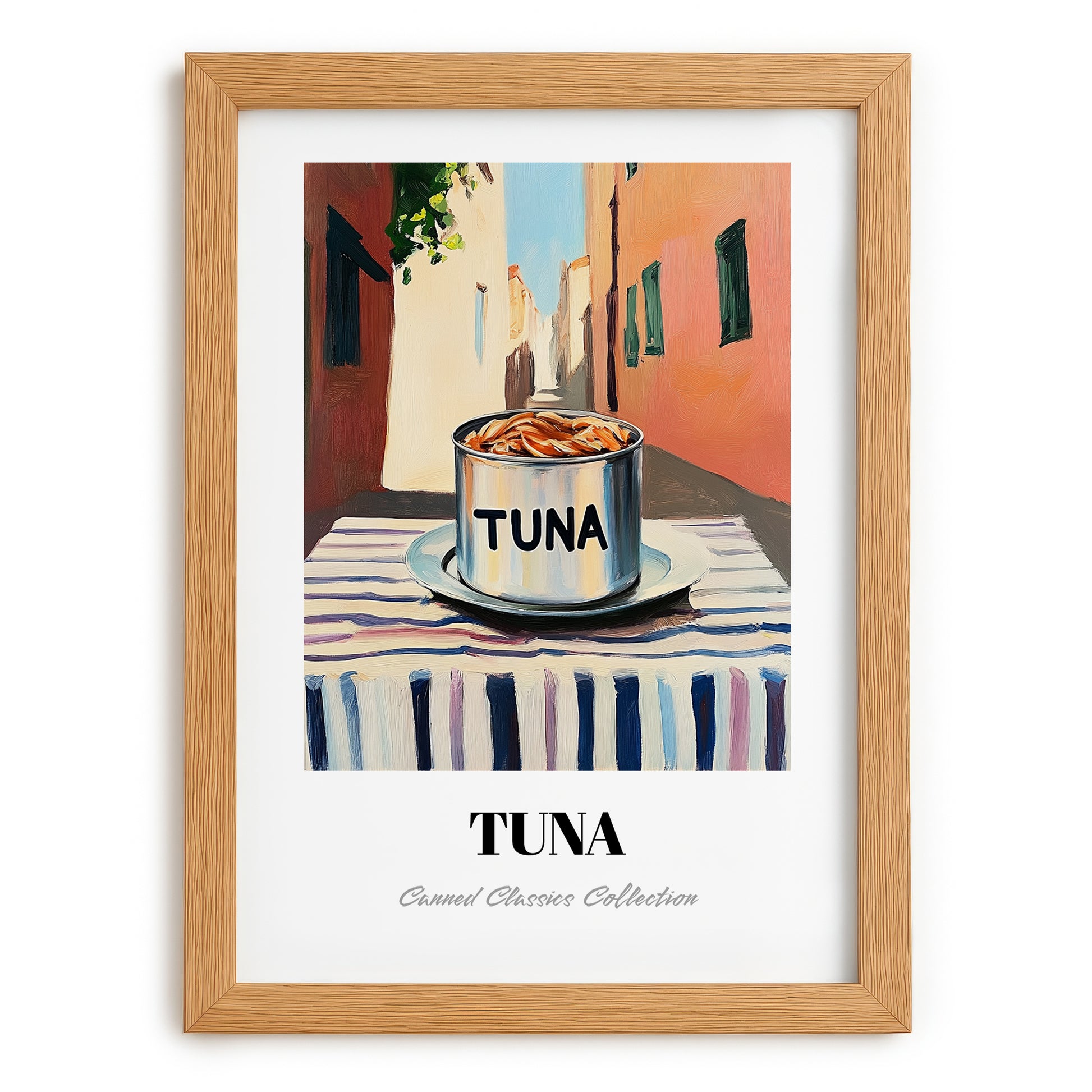 Tuna – Italian Street Café Scene, Canned Food Painting, set in oak frame