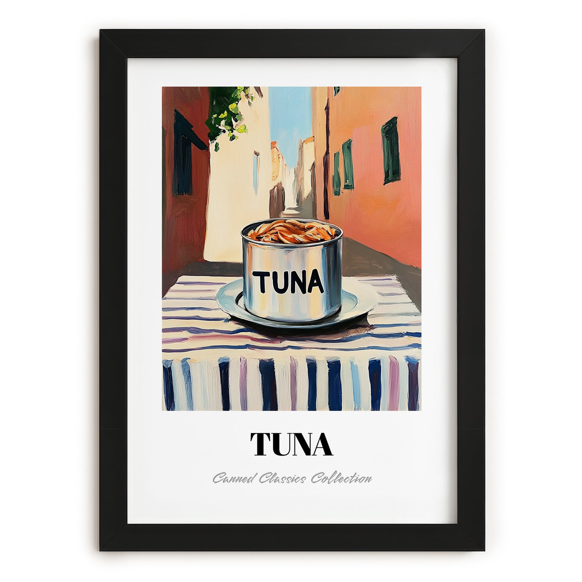 Tuna – Italian Street Café Scene, Canned Food Painting, in sleek black frame