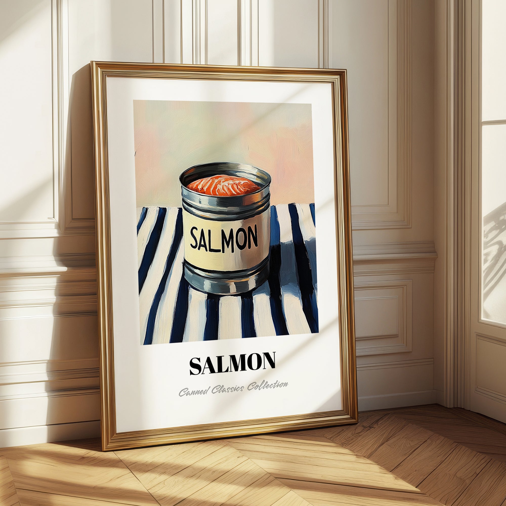 Salmon – on Striped Tablecloth, Canned Food Illustration