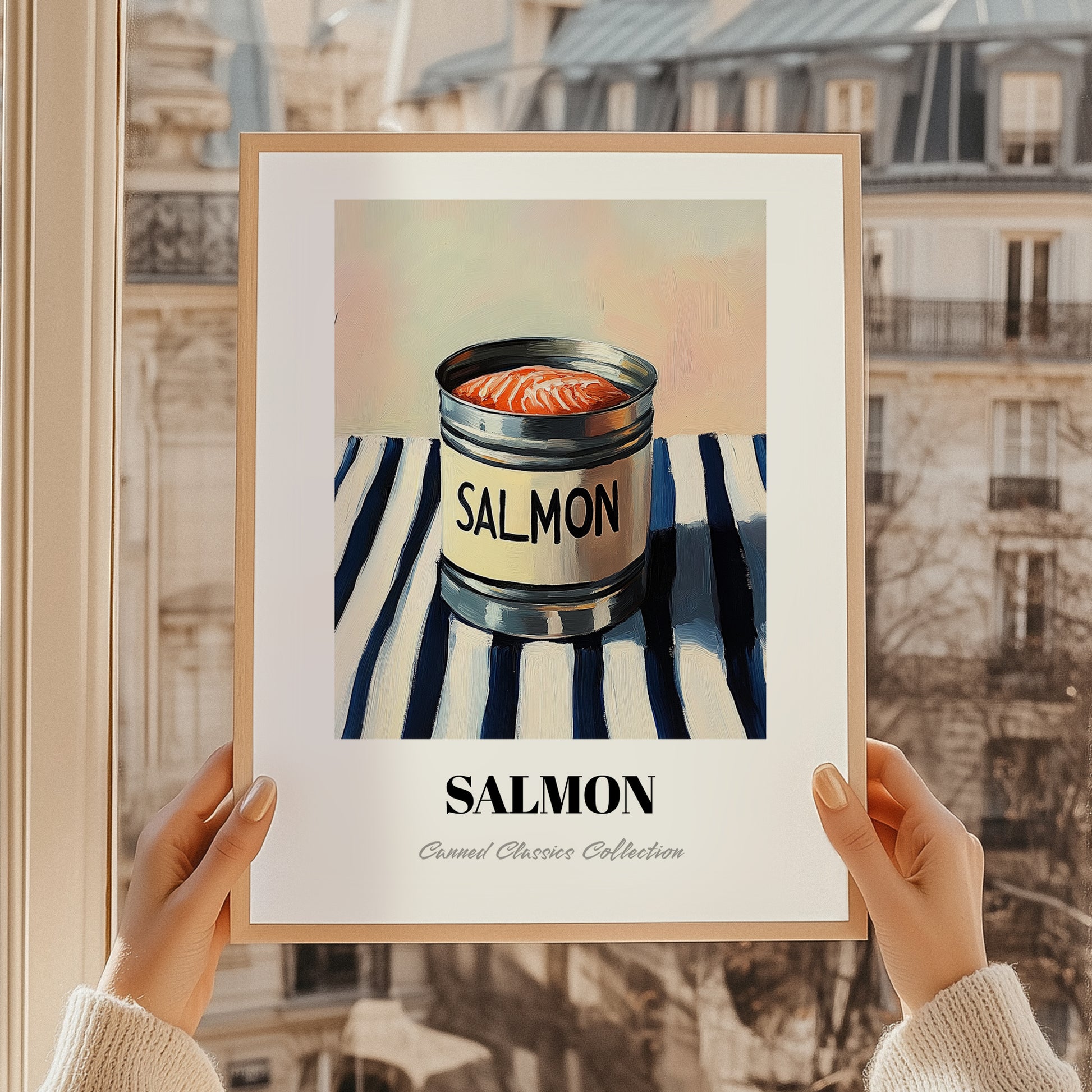 Salmon – on Striped Tablecloth, Canned Food Illustration, styled in a charming Paris street view