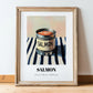 Salmon – on Striped Tablecloth, Canned Food Illustration, in wooden frame leaning on the floor