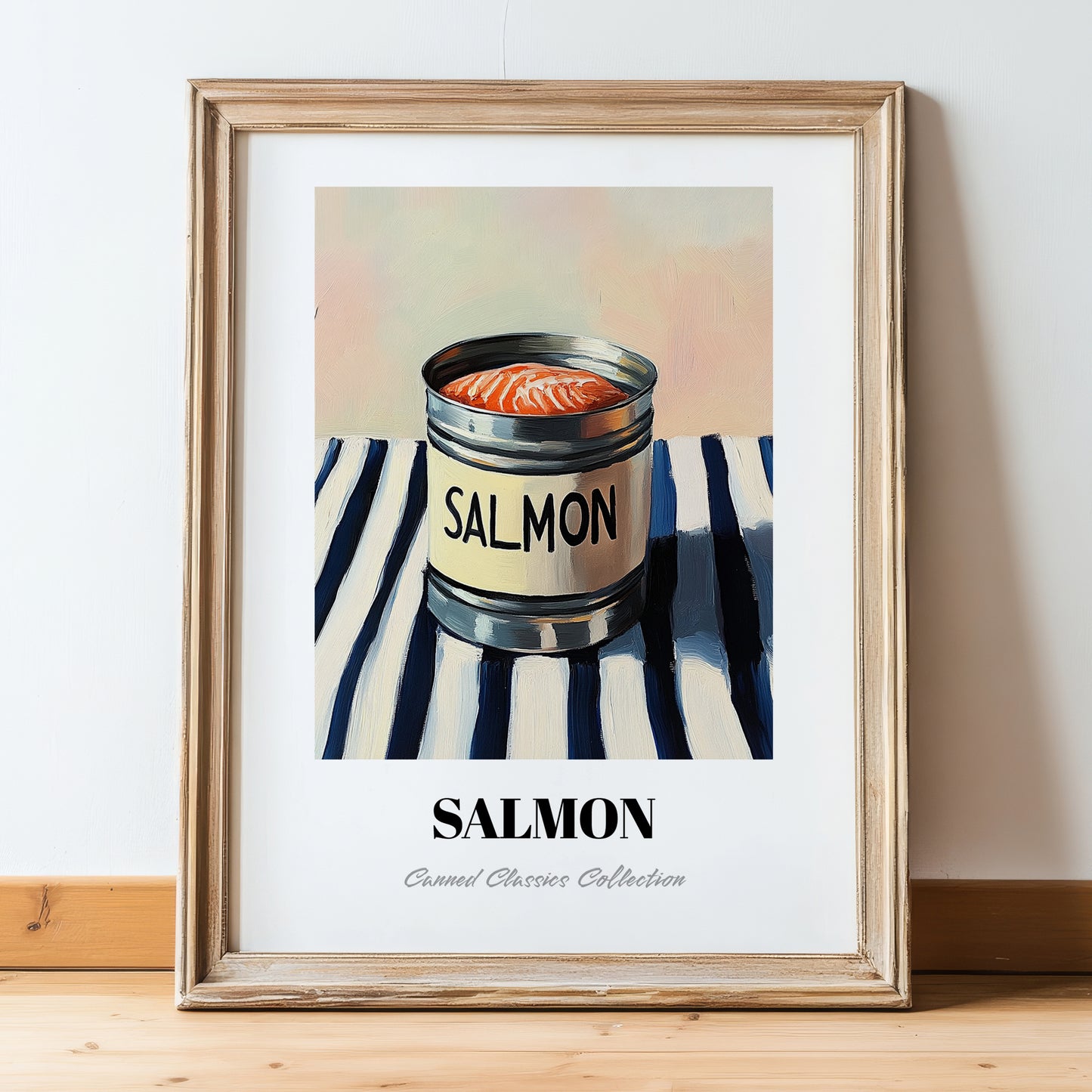 Salmon – on Striped Tablecloth, Canned Food Illustration, in wooden frame leaning on the floor