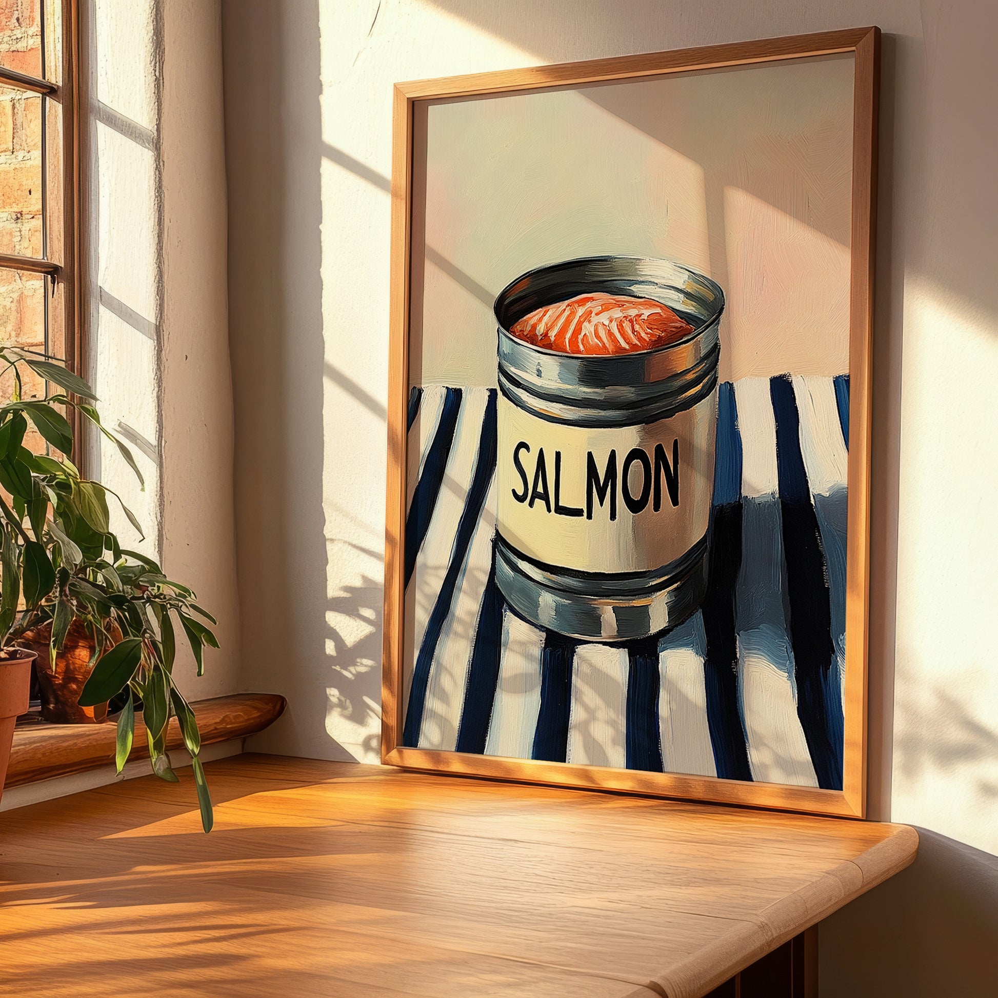 Salmon – on Striped Tablecloth, Canned Food Illustration, clean layout with no caption