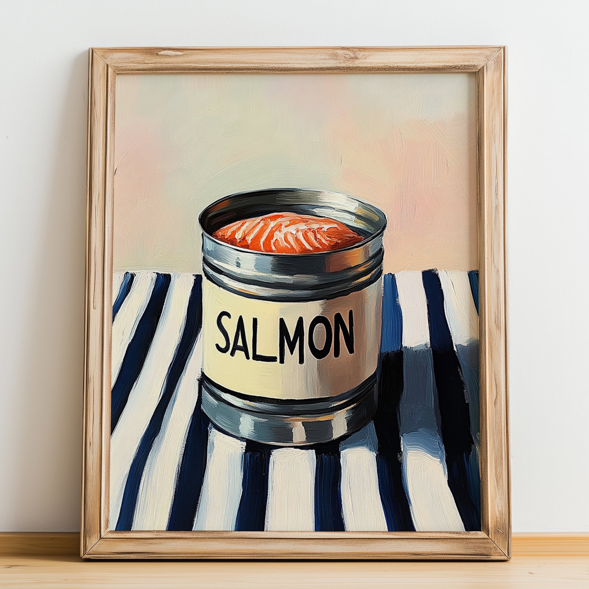 Salmon – on Striped Tablecloth, Canned Food Illustration, no-text version framed in wood