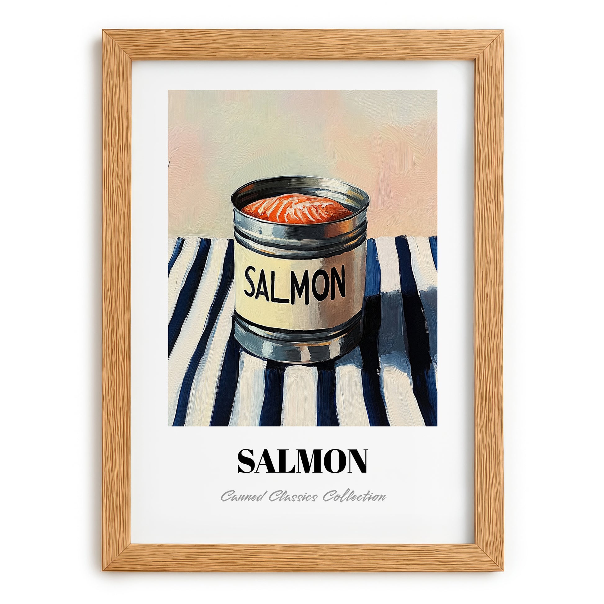 Salmon – on Striped Tablecloth, Canned Food Illustration, set in oak frame