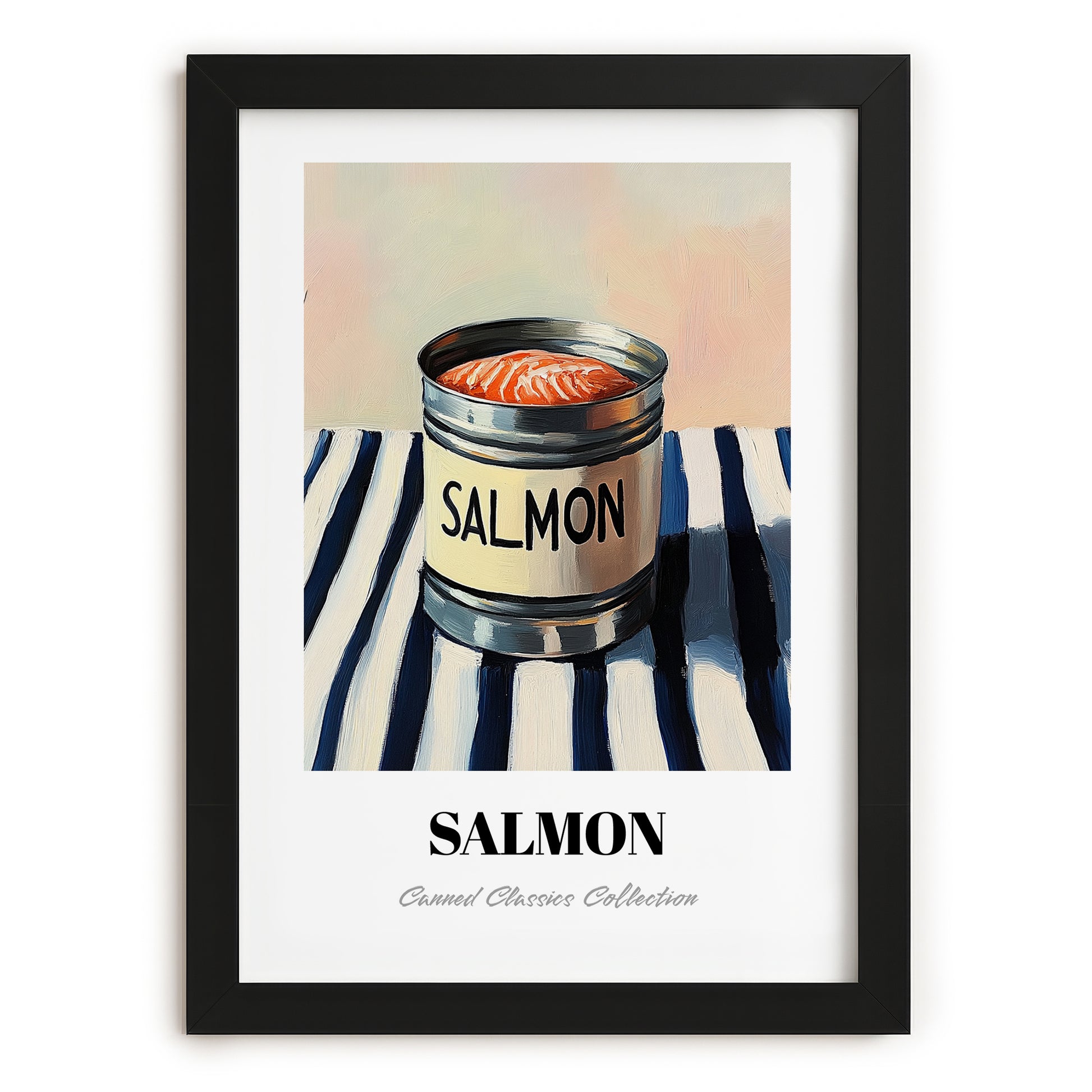 Salmon – on Striped Tablecloth, Canned Food Illustration, in sleek black frame