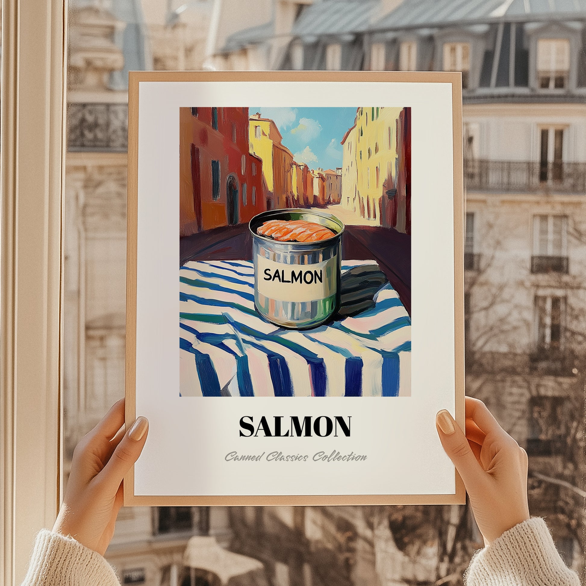 Salmon – Italian Street Café Scene, Canned Food Art, styled in a charming Paris street view