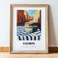 Salmon – Italian Street Café Scene, Canned Food Art, in wooden frame leaning on the floor