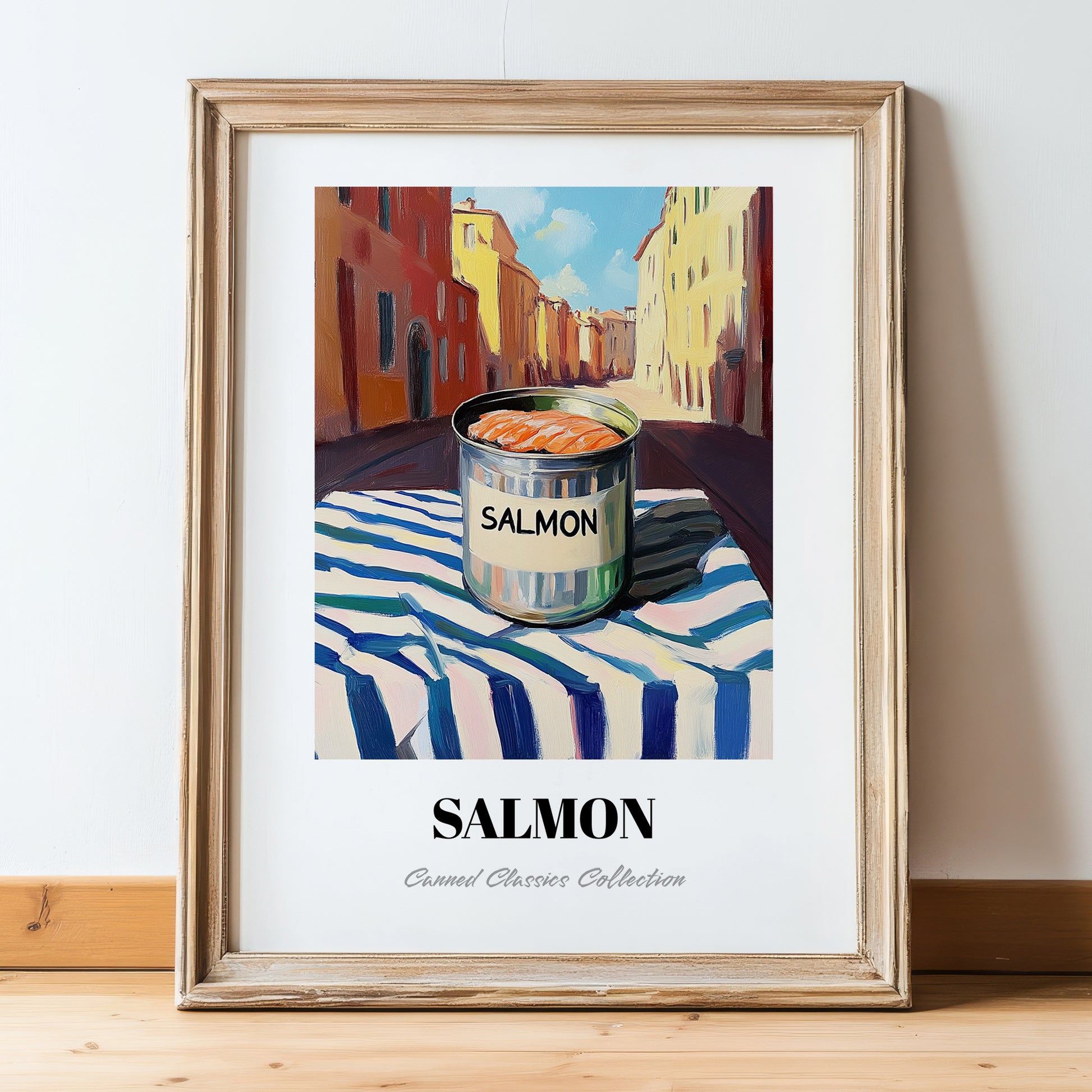 Salmon – Italian Street Café Scene, Canned Food Art, in wooden frame leaning on the floor