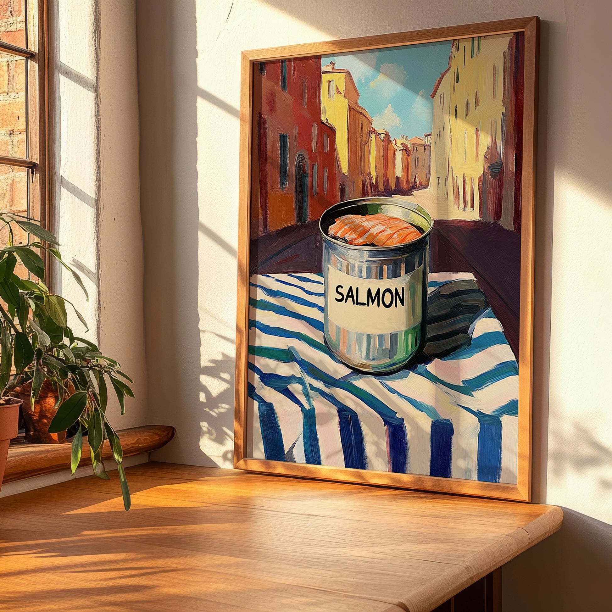 Salmon – Italian Street Café Scene, Canned Food Art, clean layout with no caption