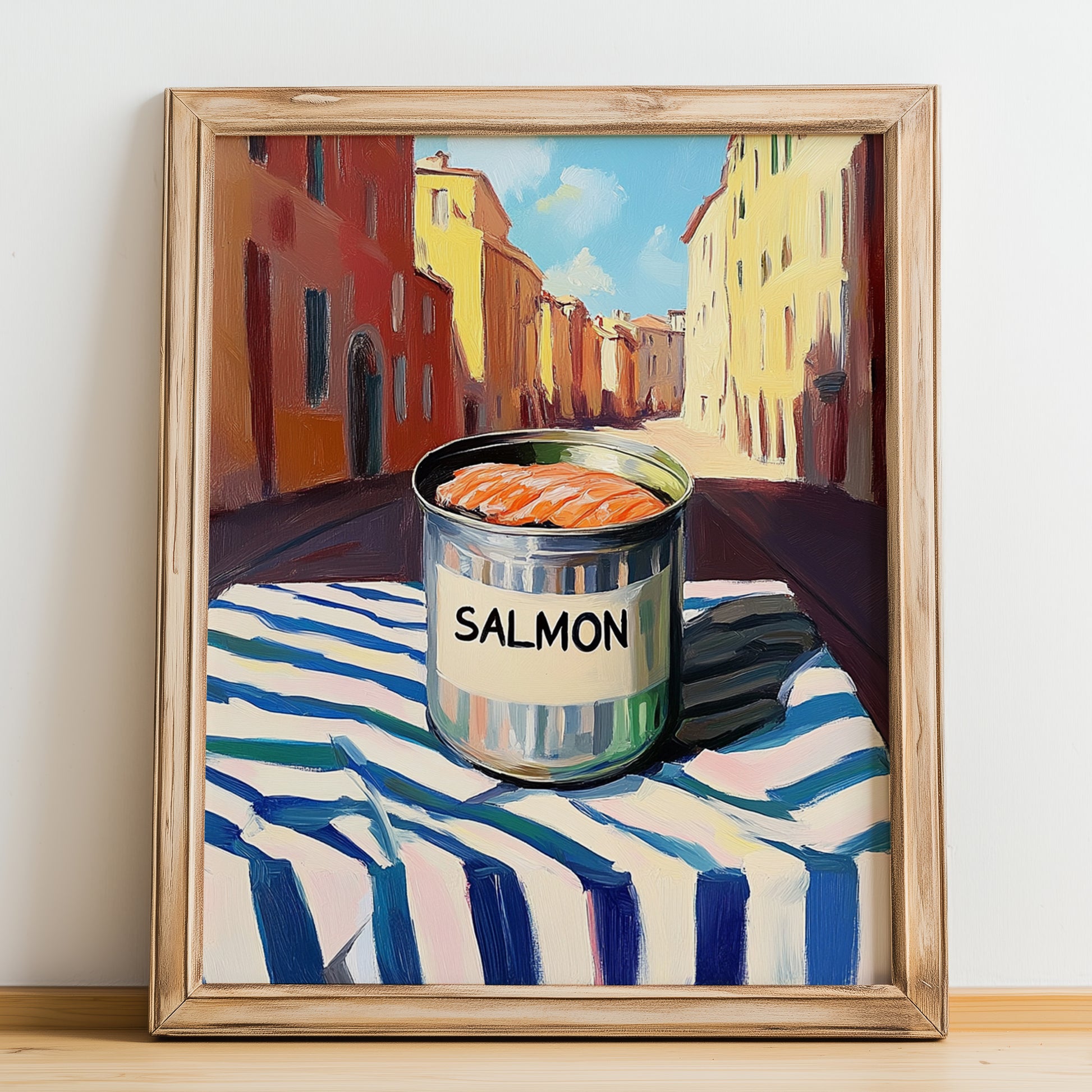 Salmon – Italian Street Café Scene, Canned Food Art, no-text version framed in wood