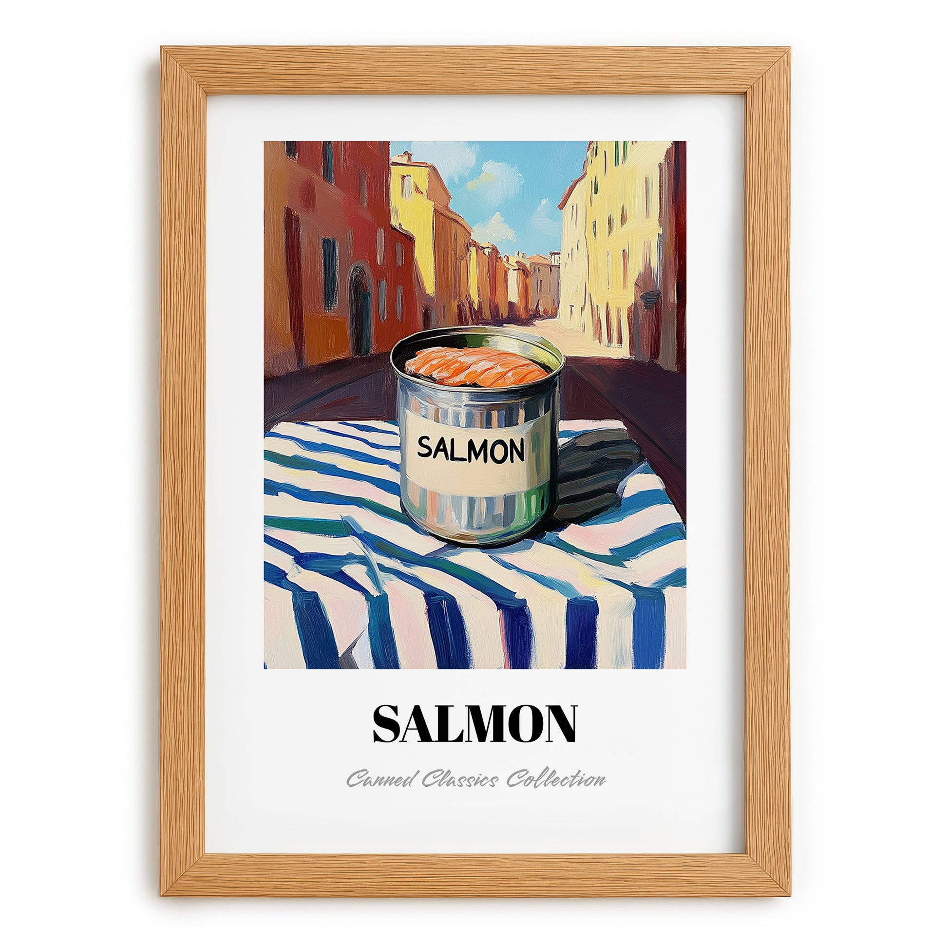 Salmon – Italian Street Café Scene, Canned Food Art, set in oak frame