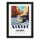 Salmon – Italian Street Café Scene, Canned Food Art, in sleek black frame