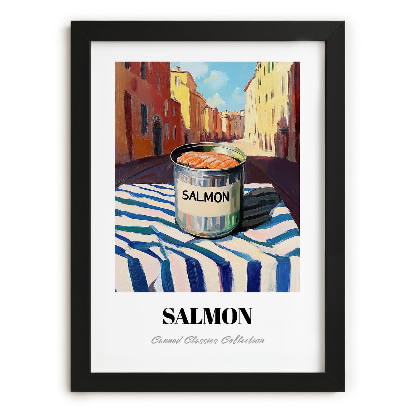 Salmon – Italian Street Café Scene, Canned Food Art, in sleek black frame