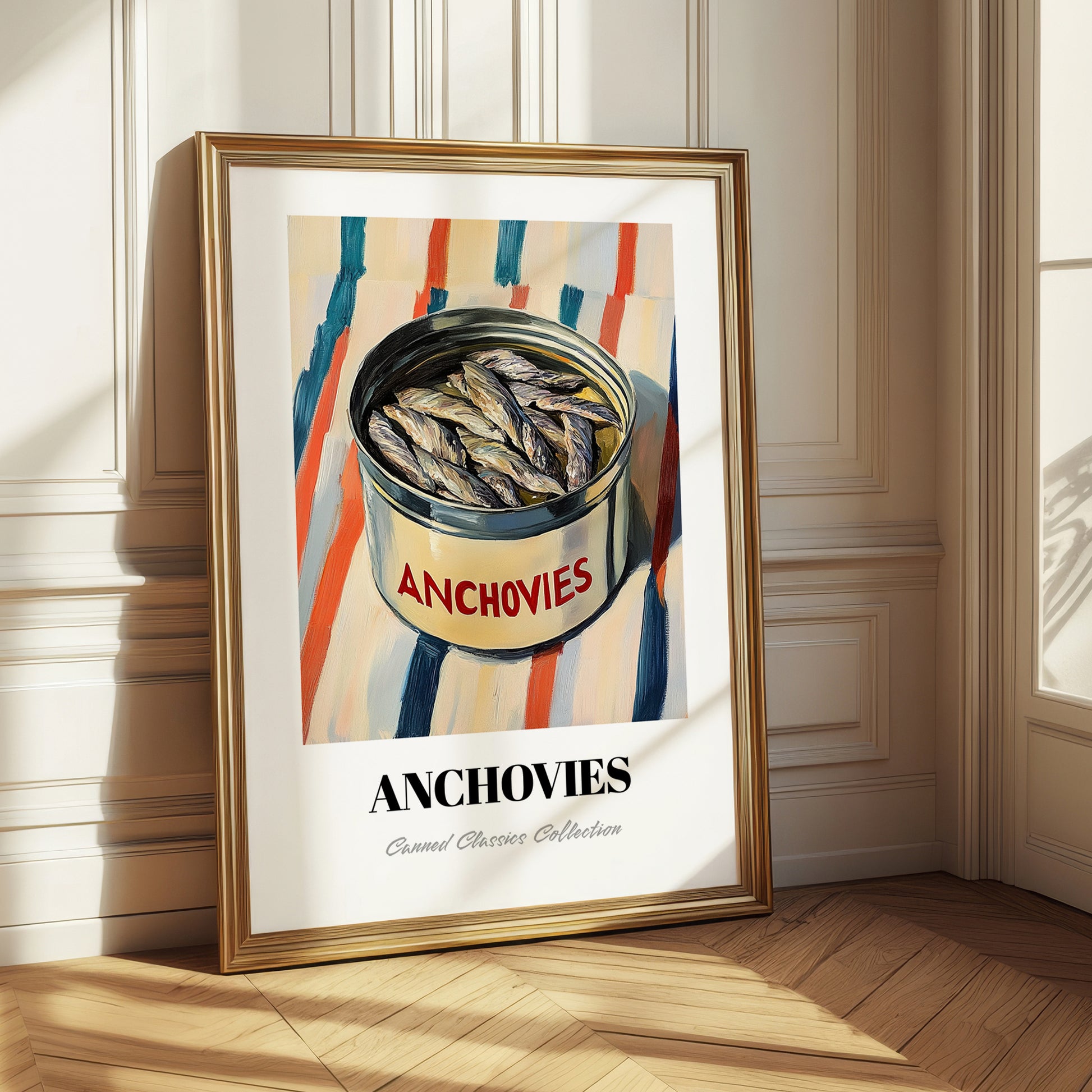 Anchovies – on Striped Tablecloth, Canned Food Illustration