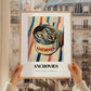 Anchovies – on Striped Tablecloth, Canned Food Illustration, styled in a charming Paris street view