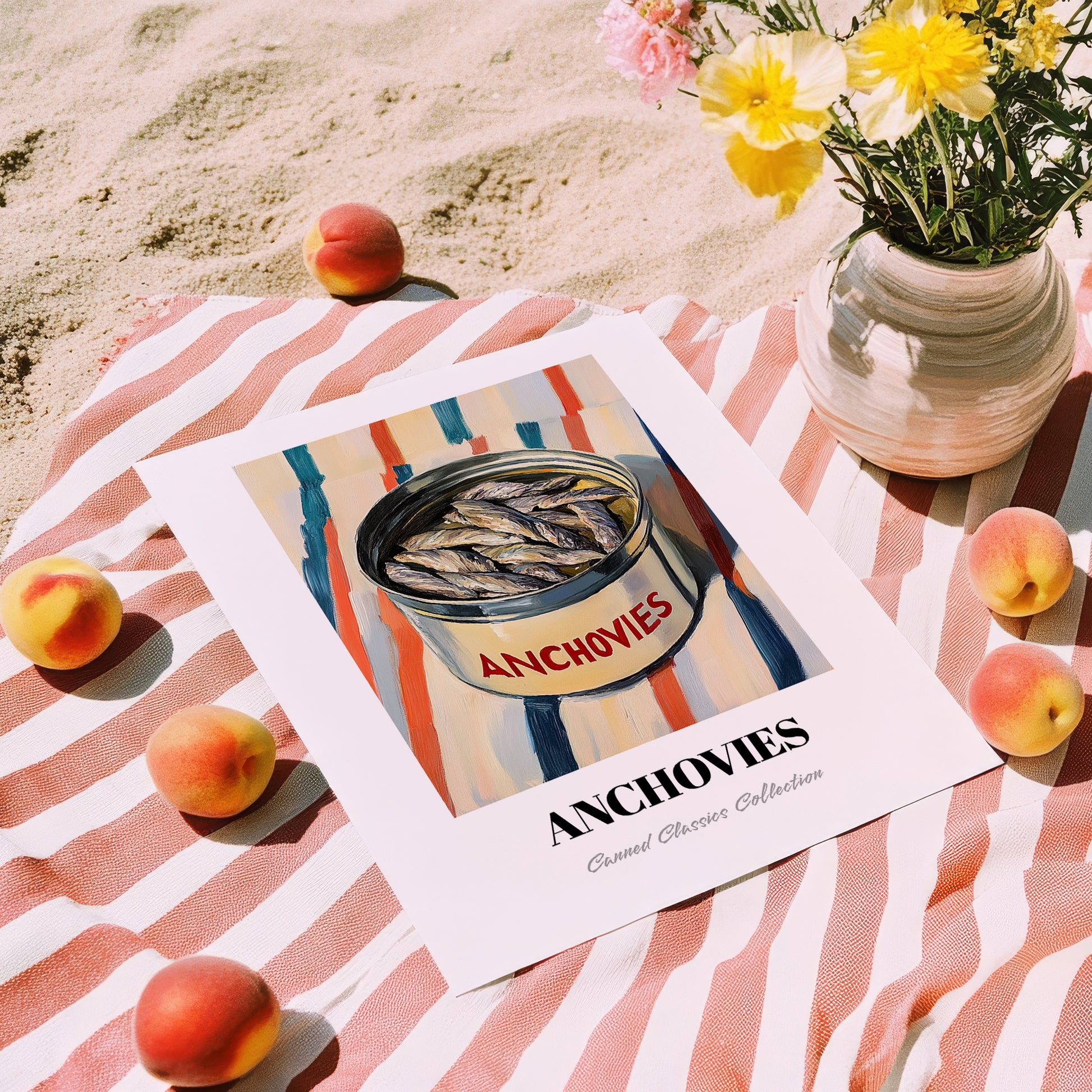 Anchovies – on Striped Tablecloth, Canned Food Illustration, unframed on coastal sand