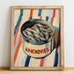 Anchovies – on Striped Tablecloth, Canned Food Illustration, no-text version framed in wood