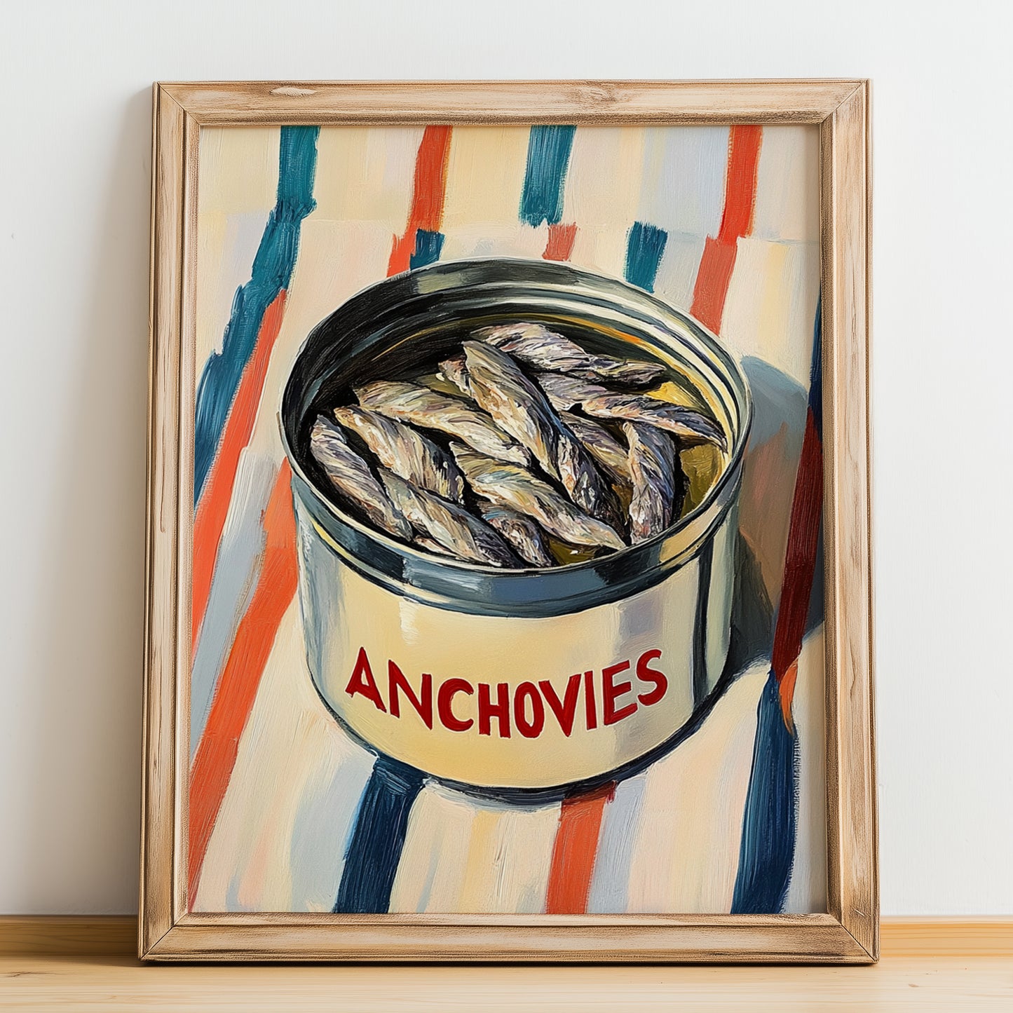 Anchovies – on Striped Tablecloth, Canned Food Illustration, no-text version framed in wood