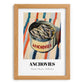 Anchovies – on Striped Tablecloth, Canned Food Illustration, set in oak frame