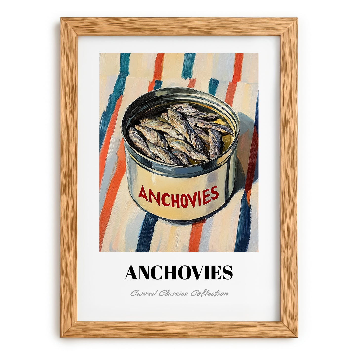 Anchovies – on Striped Tablecloth, Canned Food Illustration, set in oak frame