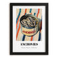 Anchovies – on Striped Tablecloth, Canned Food Illustration, in sleek black frame
