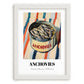 Anchovies – on Striped Tablecloth, Canned Food Illustration, placed in minimal white frame