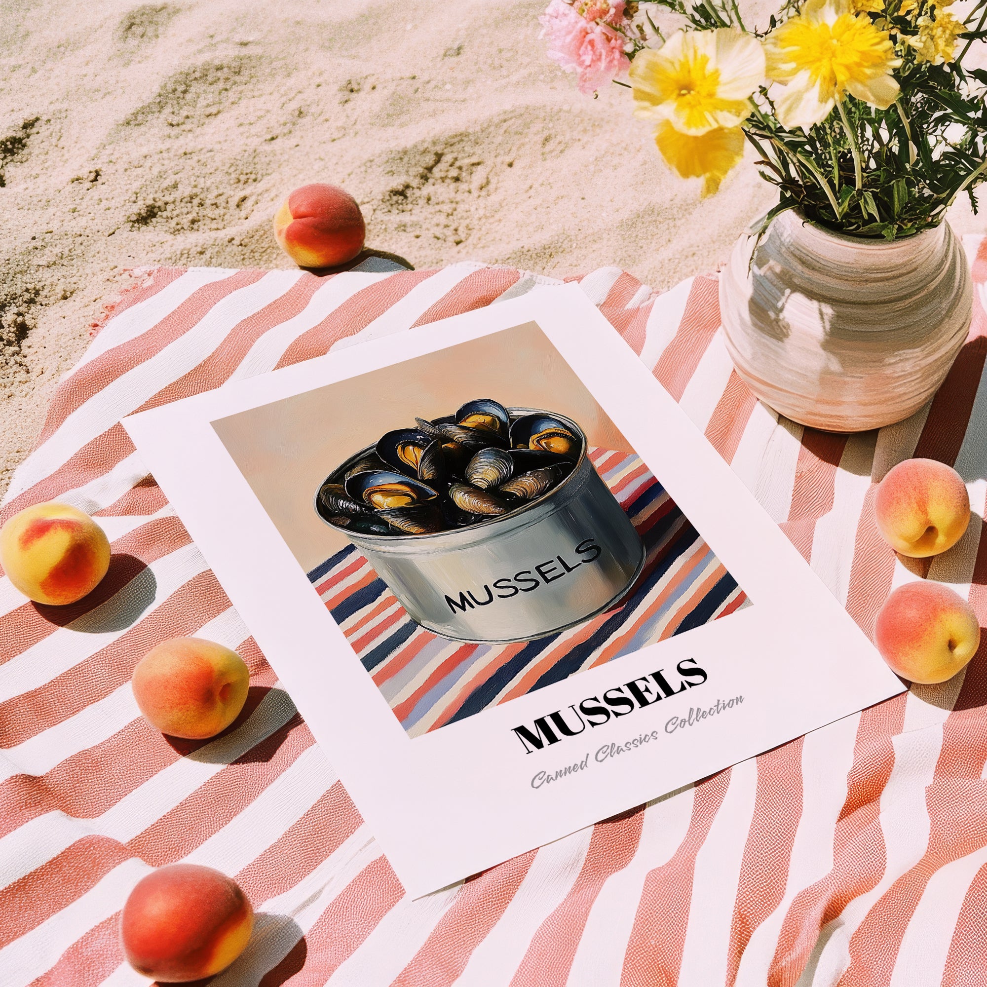 Mussels – on Striped Tablecloth, Canned Food Art, unframed on coastal sand