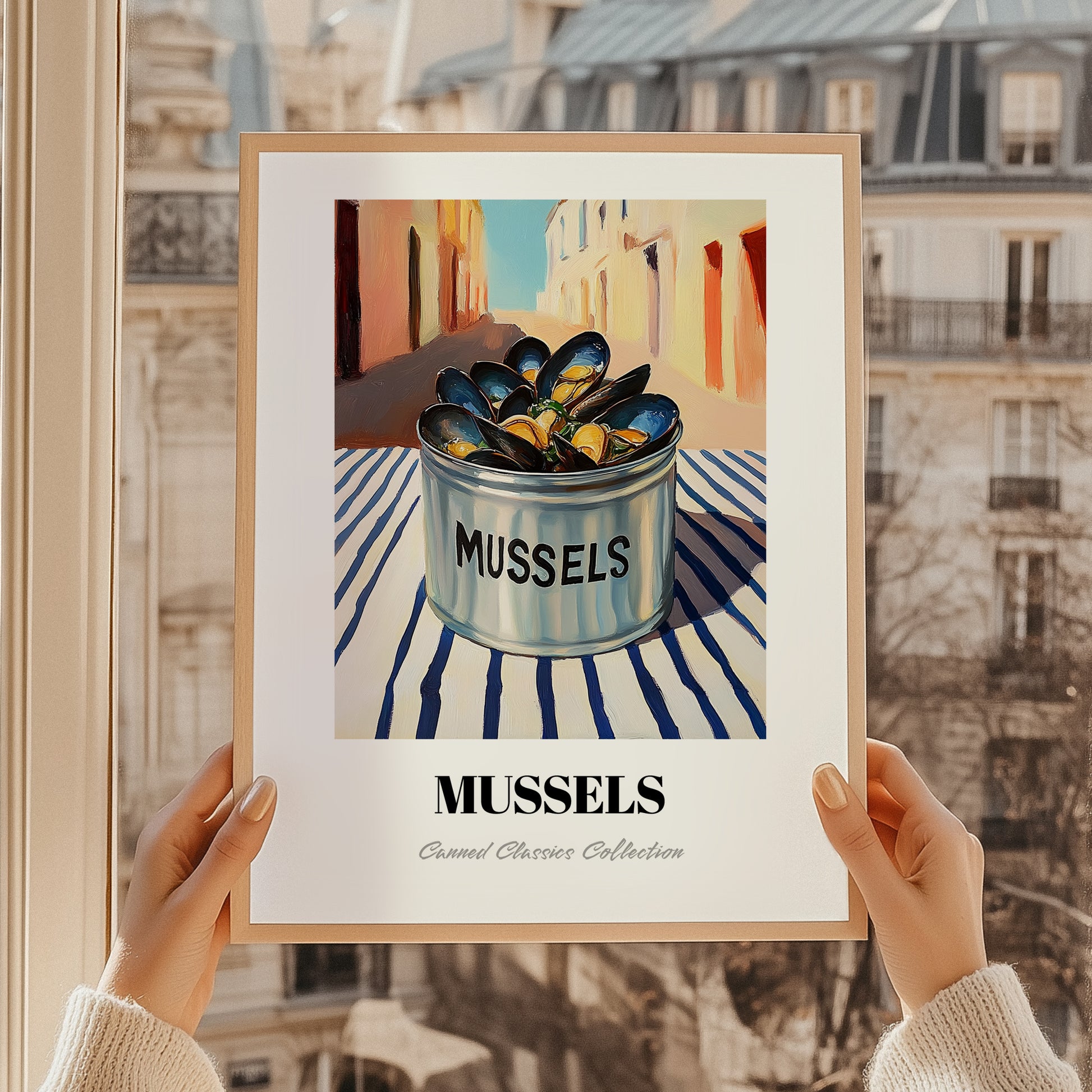 Mussels – Italian Outdoor Café Scene, Canned Food Wall Painting, styled in a charming Paris street view