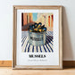 Mussels – Italian Outdoor Café Scene, Canned Food Wall Painting, in wooden frame leaning on the floor