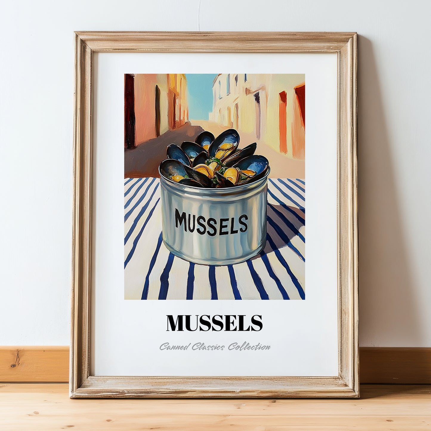 Mussels – Italian Outdoor Café Scene, Canned Food Wall Painting, in wooden frame leaning on the floor