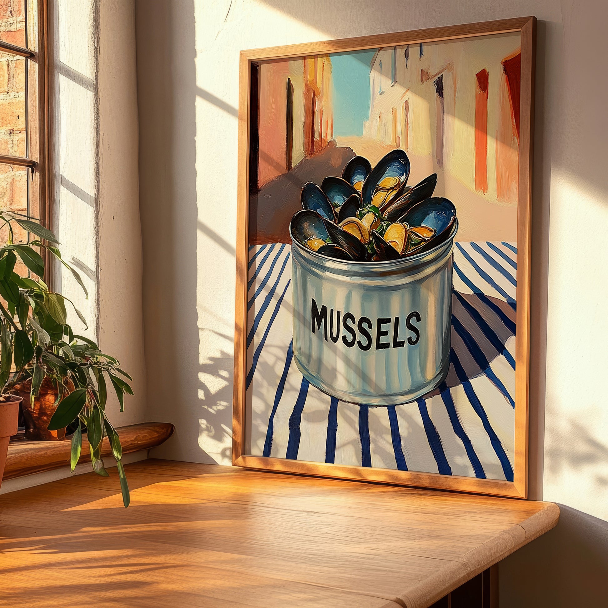 Mussels – Italian Outdoor Café Scene, Canned Food Wall Painting, clean layout with no caption
